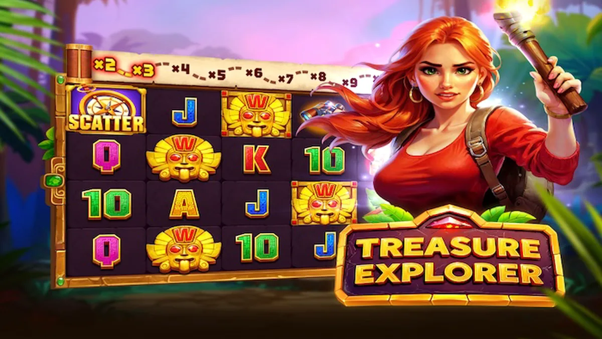 Isang visual na representasyon ng Treasure Explorer slot na nagpapakita ng gubat at mga simbolo ng kayamanan.